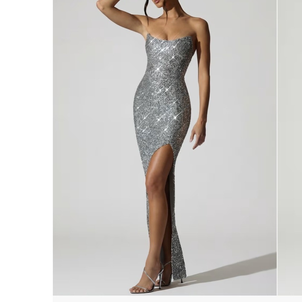 Oh Polly Jasella Embellished Corset Gown Silver Sequin Maxi Dress Sz 14 NEW Prom